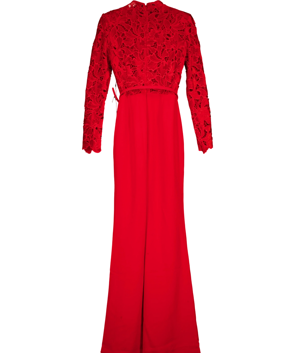 NADINE MERABI Red High Neck Lace Jumpsuit, size UK 10 — back