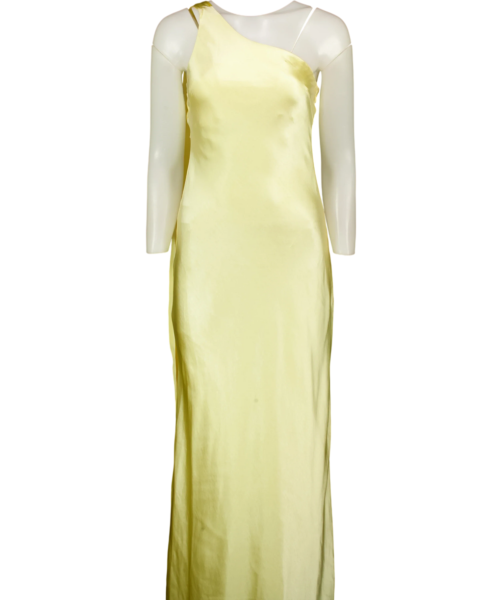 4th & Reckless Yellow one-shoulder satin dress, size UK 8 — front