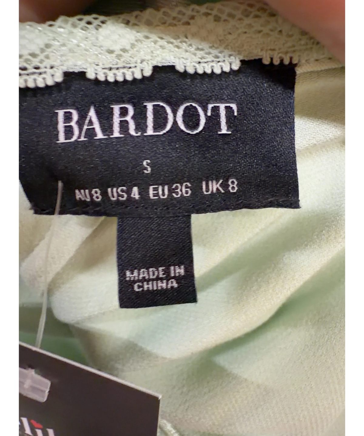 Bardot light green Stasia Satin Maxi Slip Dress, size UK 8 — care label