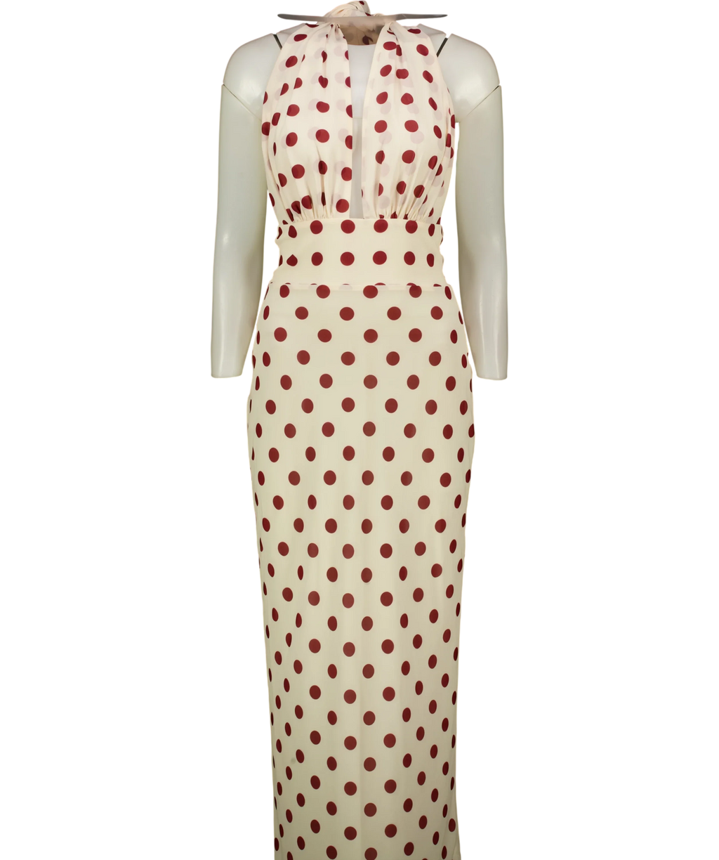 Meshki Cream polka-dot halter midi/maxi dress, size UK XS — front