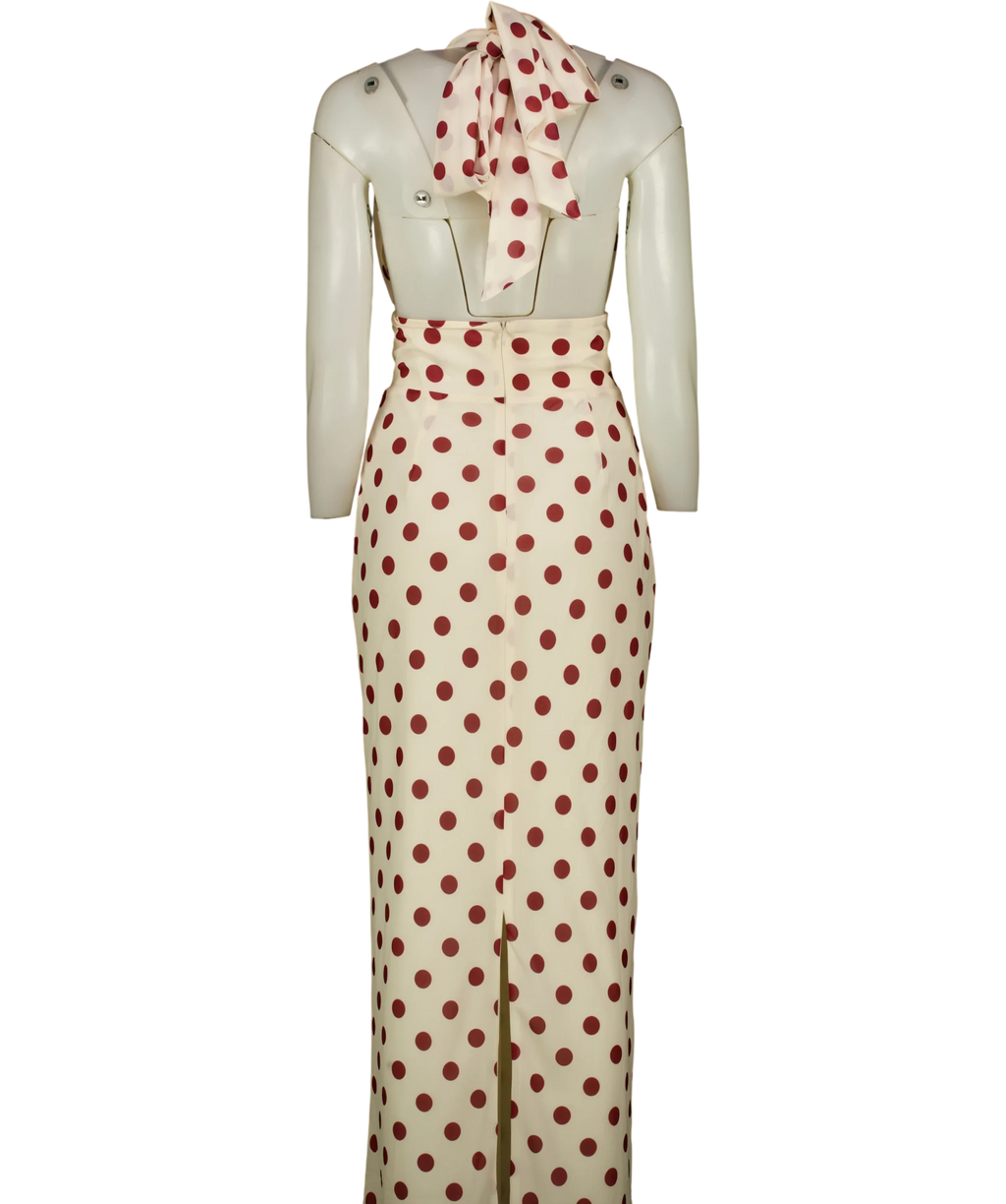 Meshki Cream polka-dot halter midi/maxi dress, size UK XS — back