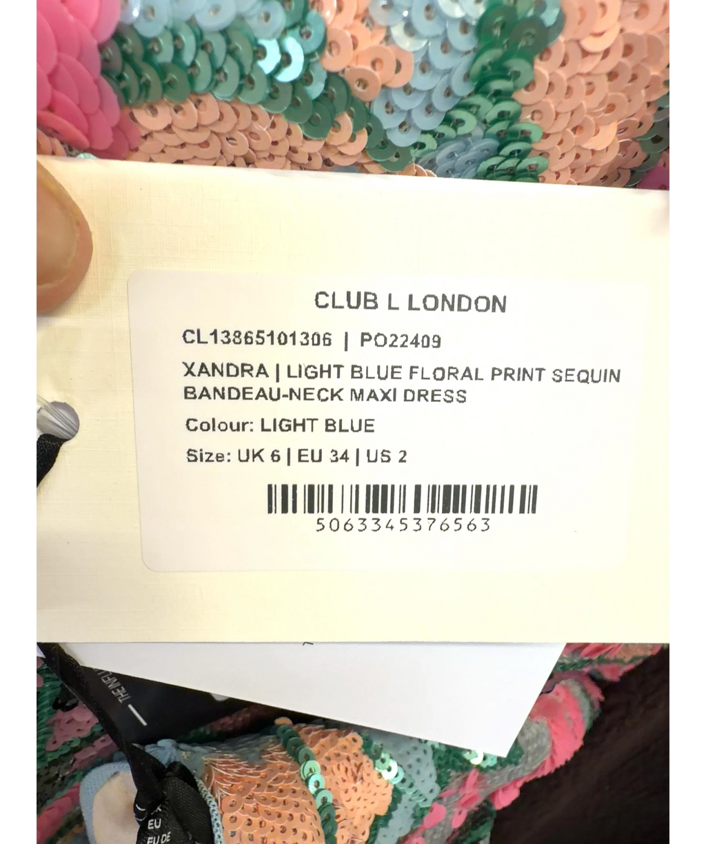 Club L light blue Xandra Light Blue Floral Print Sequin Bandeau-Neck Maxi Dress, size UK 6 — label
