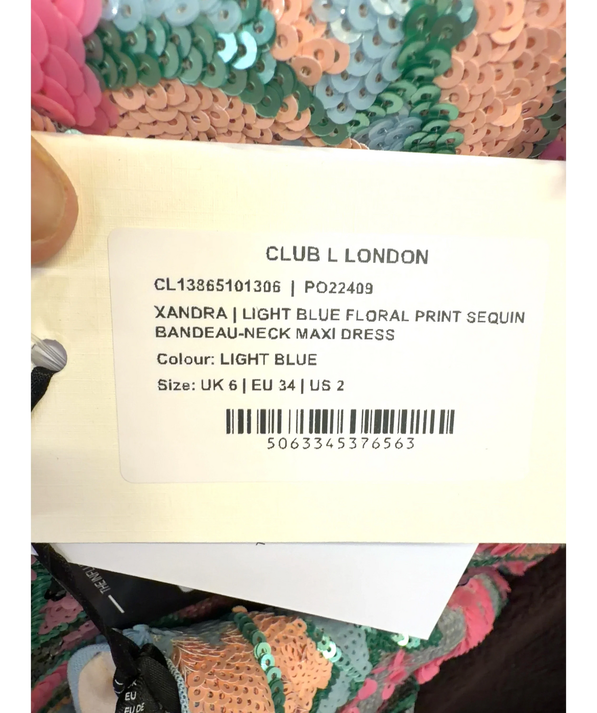 Club L light blue Xandra Light Blue Floral Print Sequin Bandeau-Neck Maxi Dress, size UK 6 — label