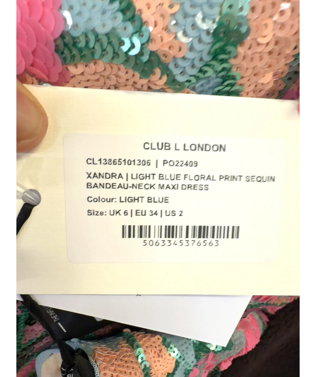 Club L light blue Xandra Light Blue Floral Print Sequin Bandeau-Neck Maxi Dress, size UK 6 — care label