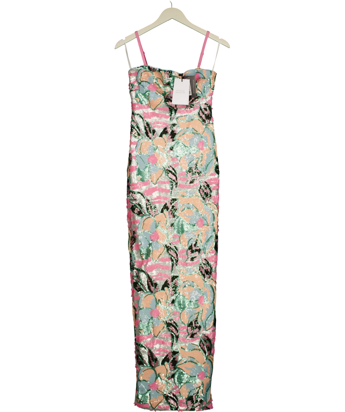 Club L light blue Xandra Light Blue Floral Print Sequin Bandeau-Neck Maxi Dress, size UK 6 — front