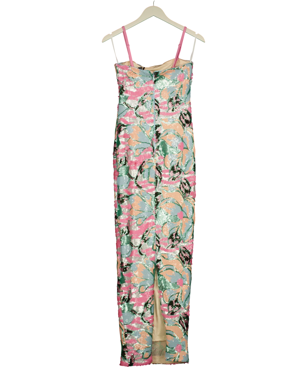 Club L light blue Xandra Light Blue Floral Print Sequin Bandeau-Neck Maxi Dress, size UK 6 — back
