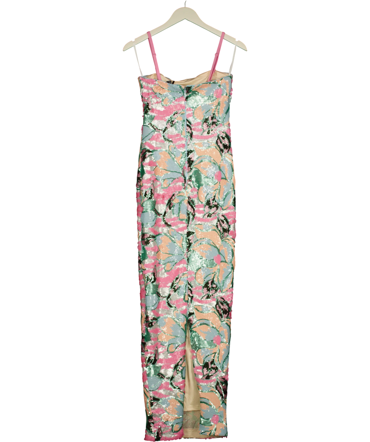 Club L light blue Xandra Light Blue Floral Print Sequin Bandeau-Neck Maxi Dress, size UK 6 — back