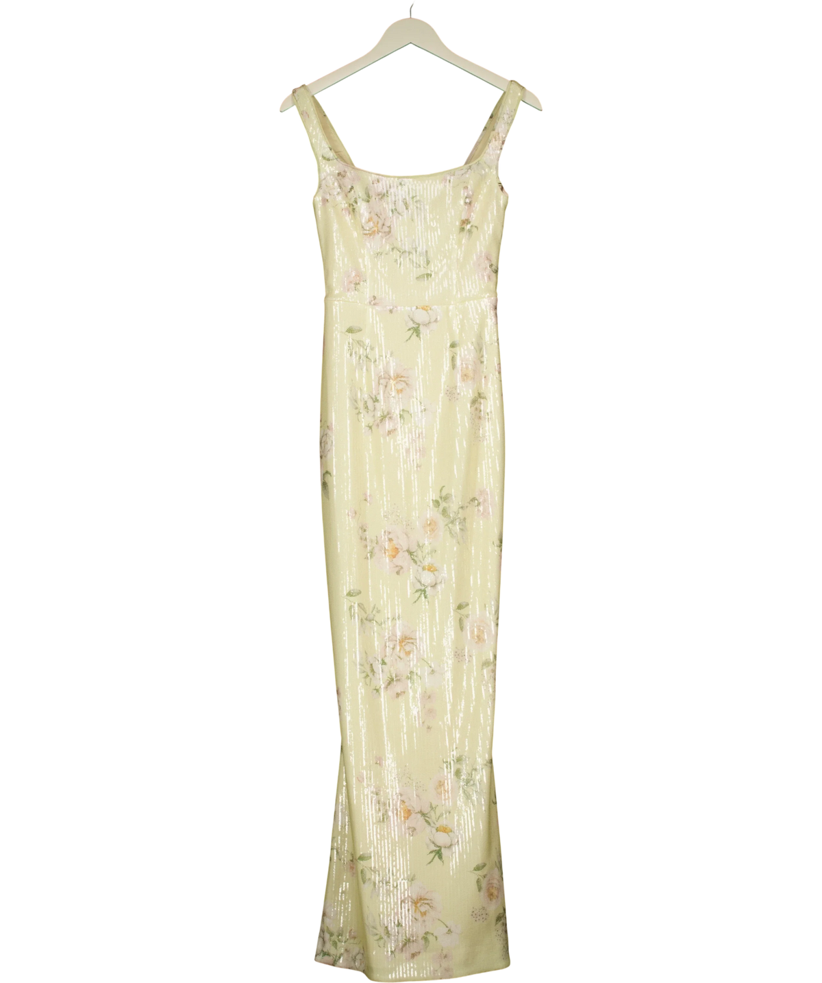 Club L yellow Danette Floral Print Sequin Square-Neck Maxi Dress, size UK 6 — front