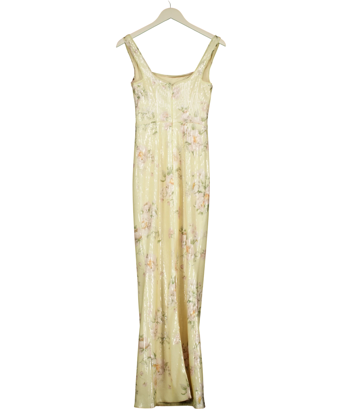 Club L yellow Danette Floral Print Sequin Square-Neck Maxi Dress, size UK 6 — back