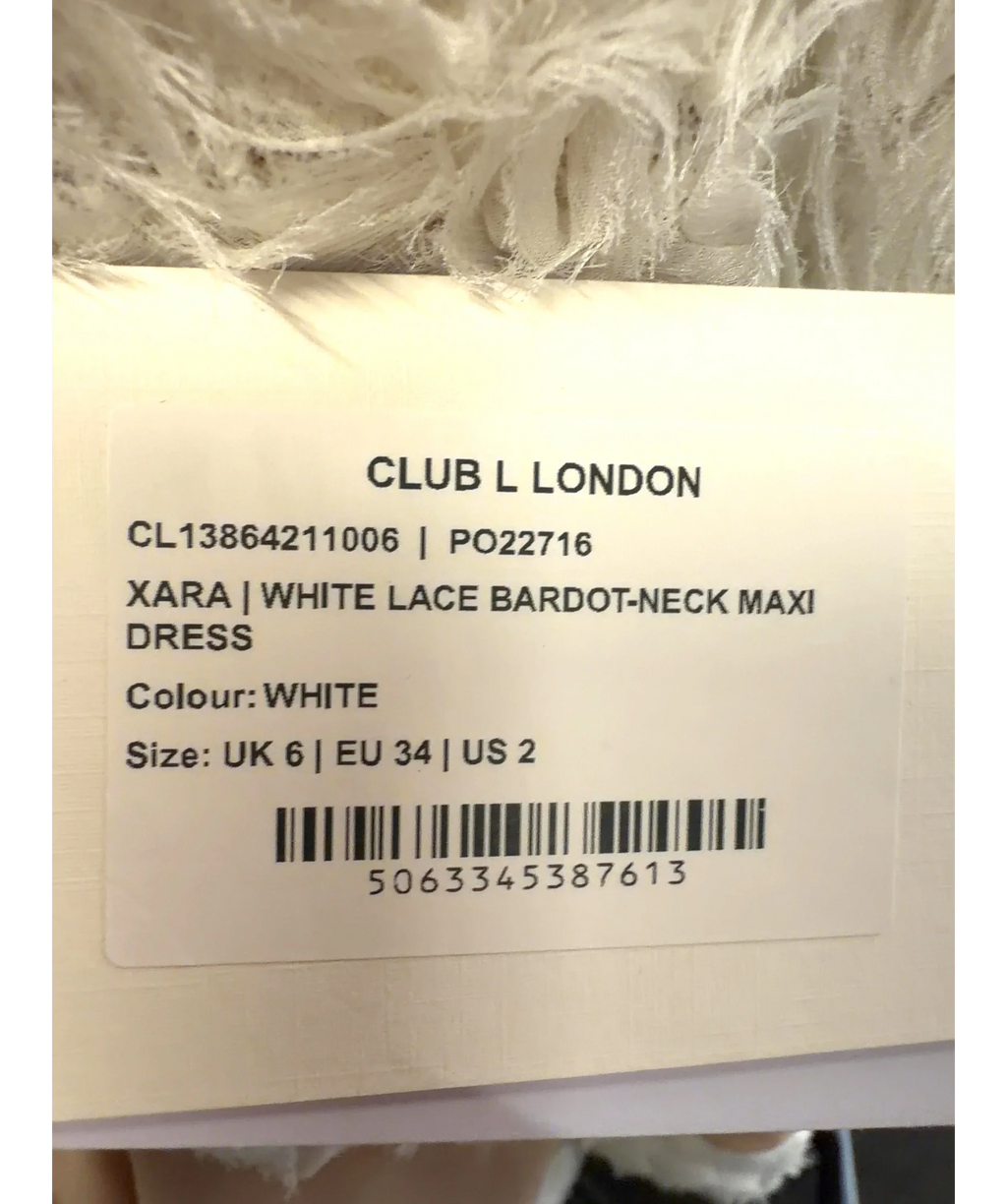 Club L Cream Xara White Lace Bardot-Neck Maxi Dress, size UK 6 — label
