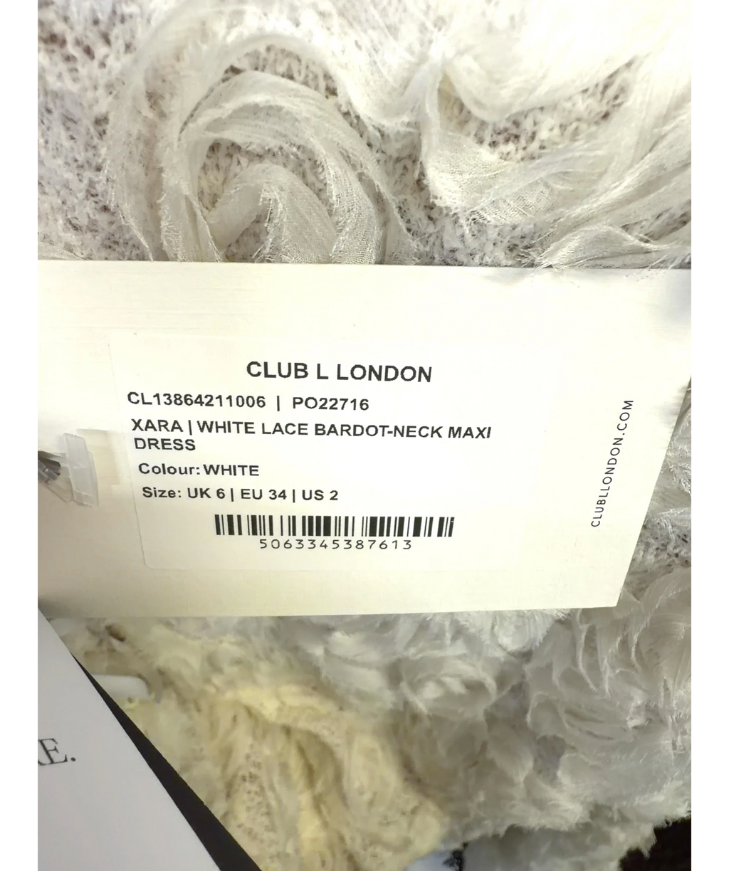 Club L Cream Xara White Lace Bardot-Neck Maxi Dress, size UK 6 — care label