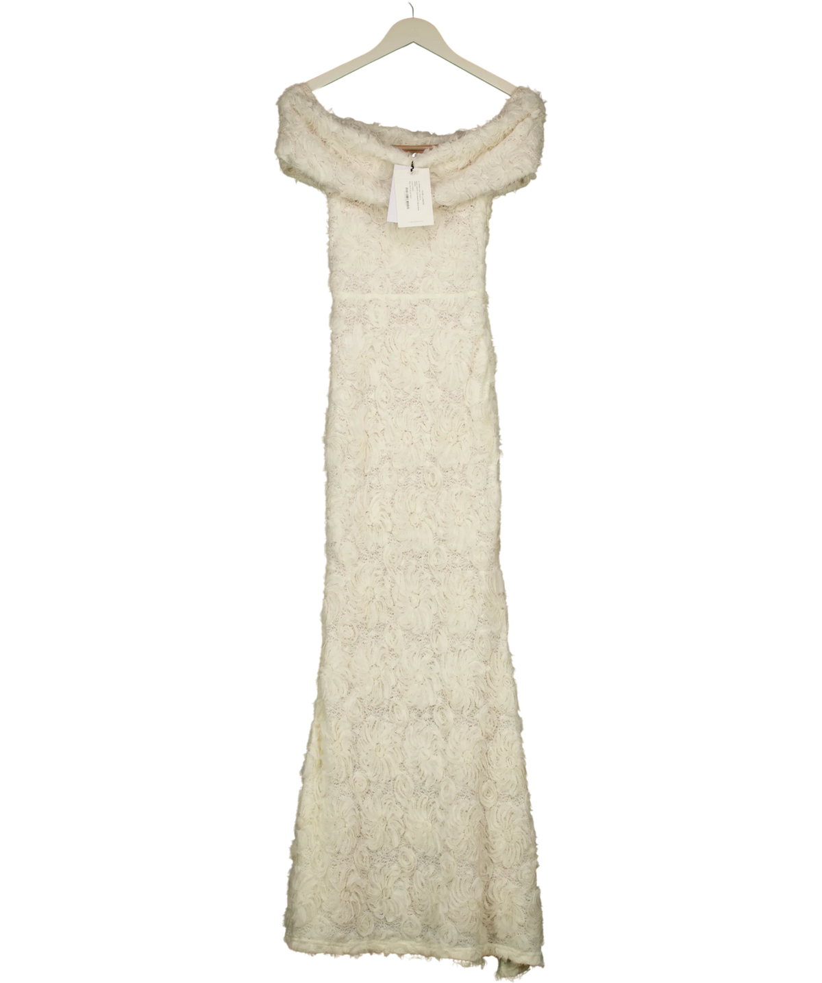 Club L Cream Xara White Lace Bardot-Neck Maxi Dress, size UK 6 — front