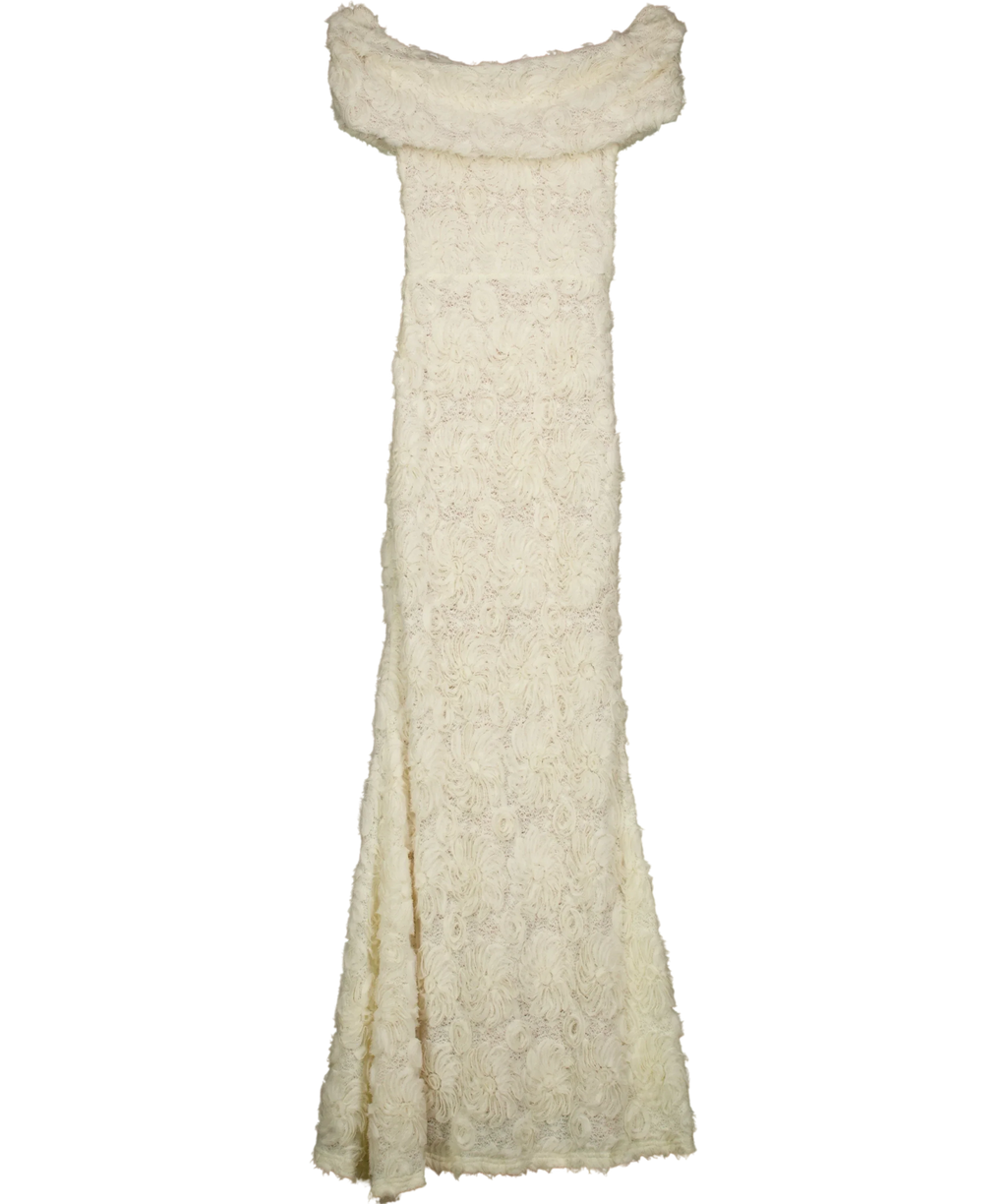 Club L Cream Xara White Lace Bardot-Neck Maxi Dress, size UK 6 — back