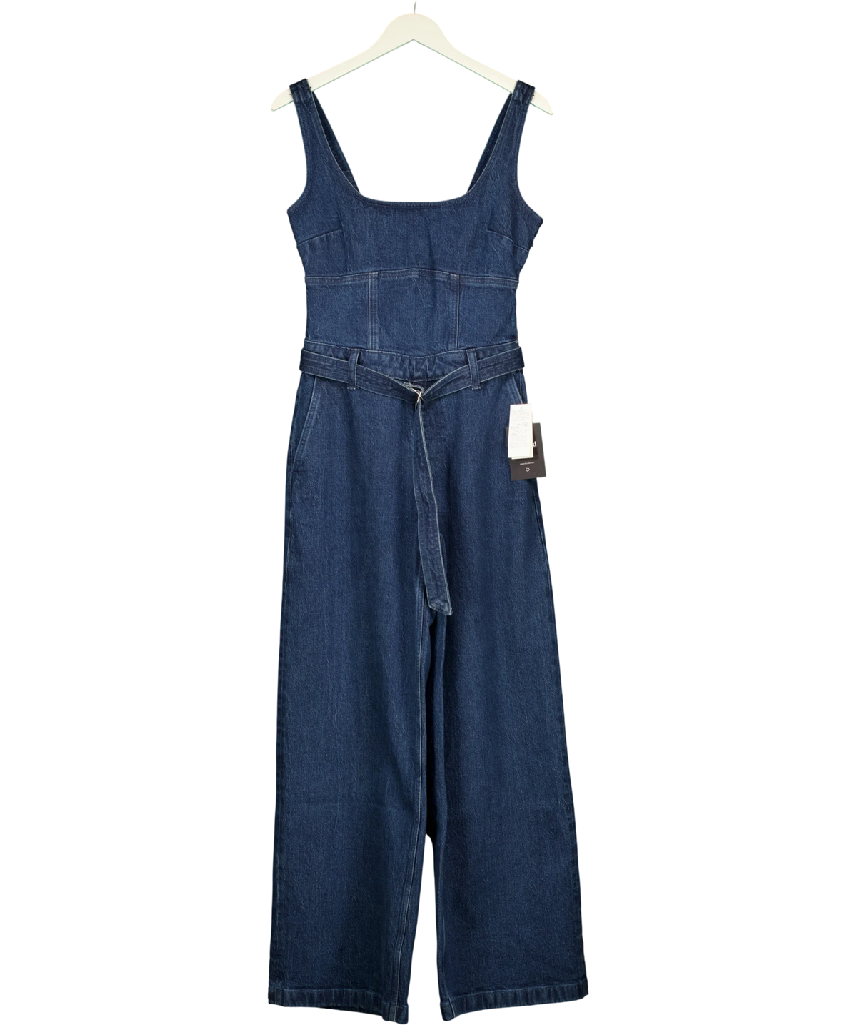 ABERCROMBIE & FITCH Blue Square Neck Belted Denim Jumpsuit, size UK S — front