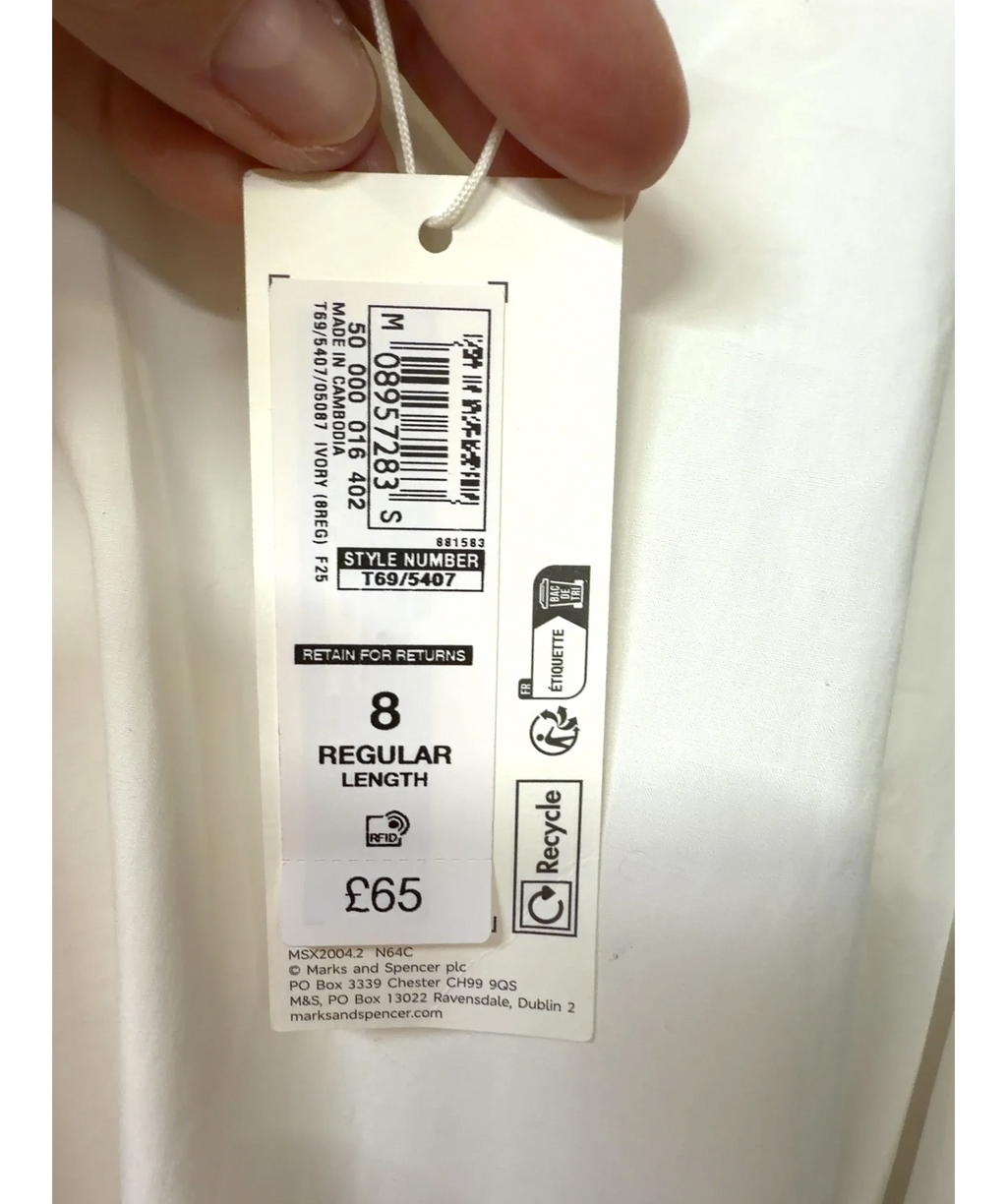 M&S White Pure Cotton Cutwork Detail Midaxi Skirt, size UK 8 — care label