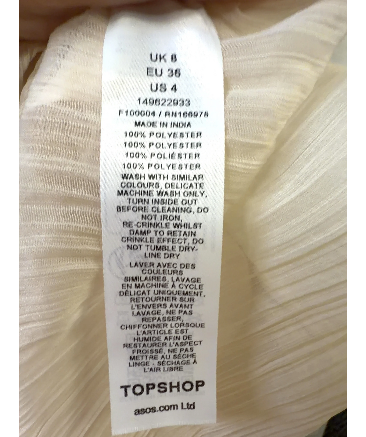 TOPSHOP Cream draped pleated fabric maxi skirt, size UK 8 — label