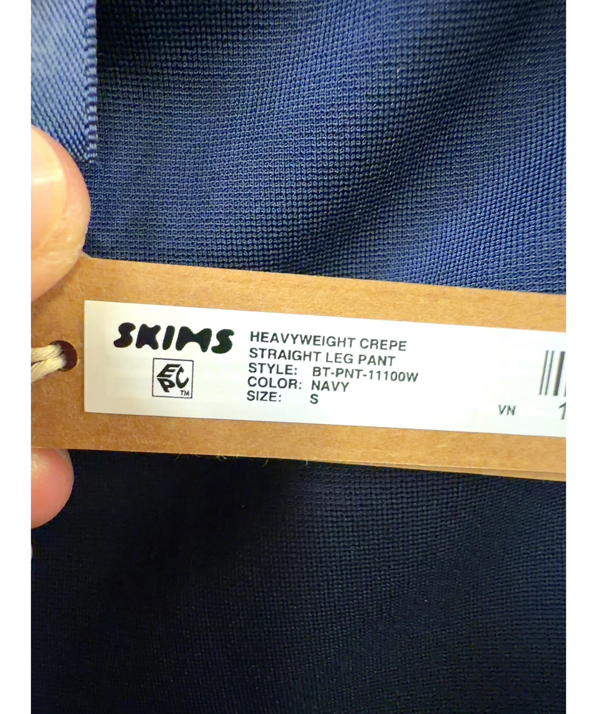 SKIMS navy Heavyweight Crepe Straight Leg Pant, size UK S — label