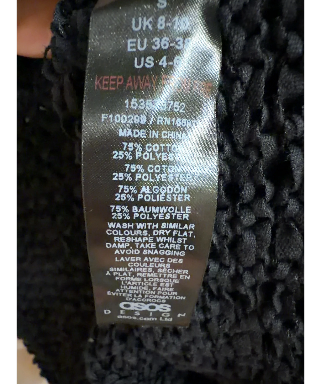 ASOS Black tape yarn open stitch vest/tank top, size UK 8 — label