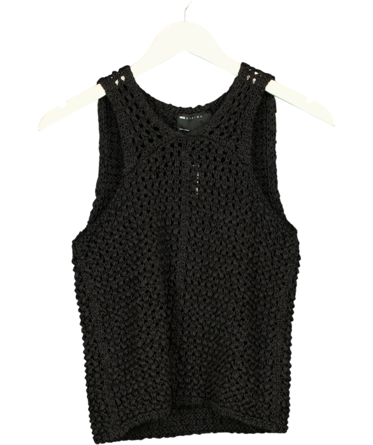 ASOS Black tape yarn open stitch vest/tank top, size UK 8 — front