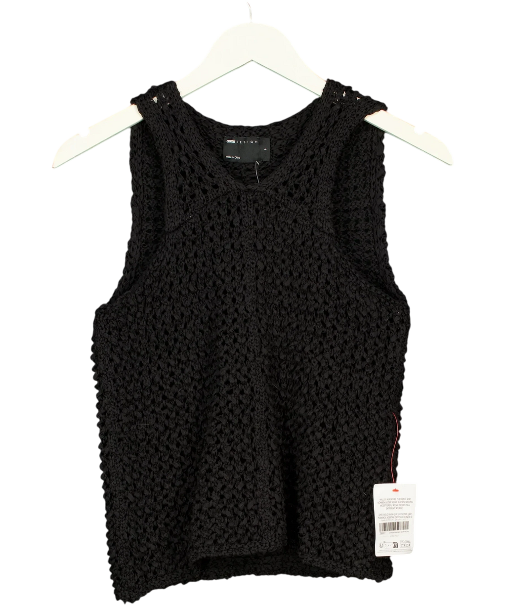 ASOS Black black tape yarn open stitch vest/tank top, size UK S — front