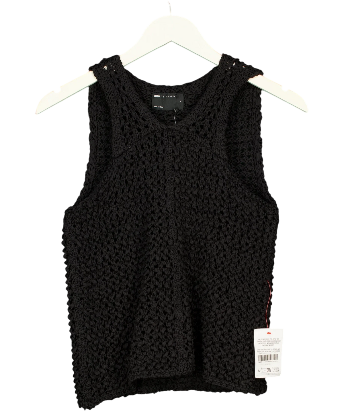 ASOS Black black tape yarn open stitch vest/tank top, size UK S — front