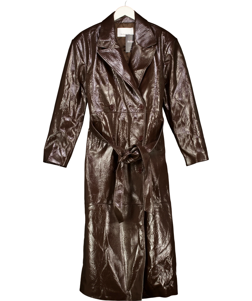 THE FRANKIE SHOP Brown Tina Belted Double-Breasted Faux Textured-Leather Trench Coat, size UK S — front
