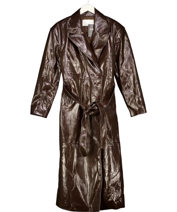The Frankie Shop Tina Belted Double-Breasted Faux Textured-Leather Trench Coat Brown UK S