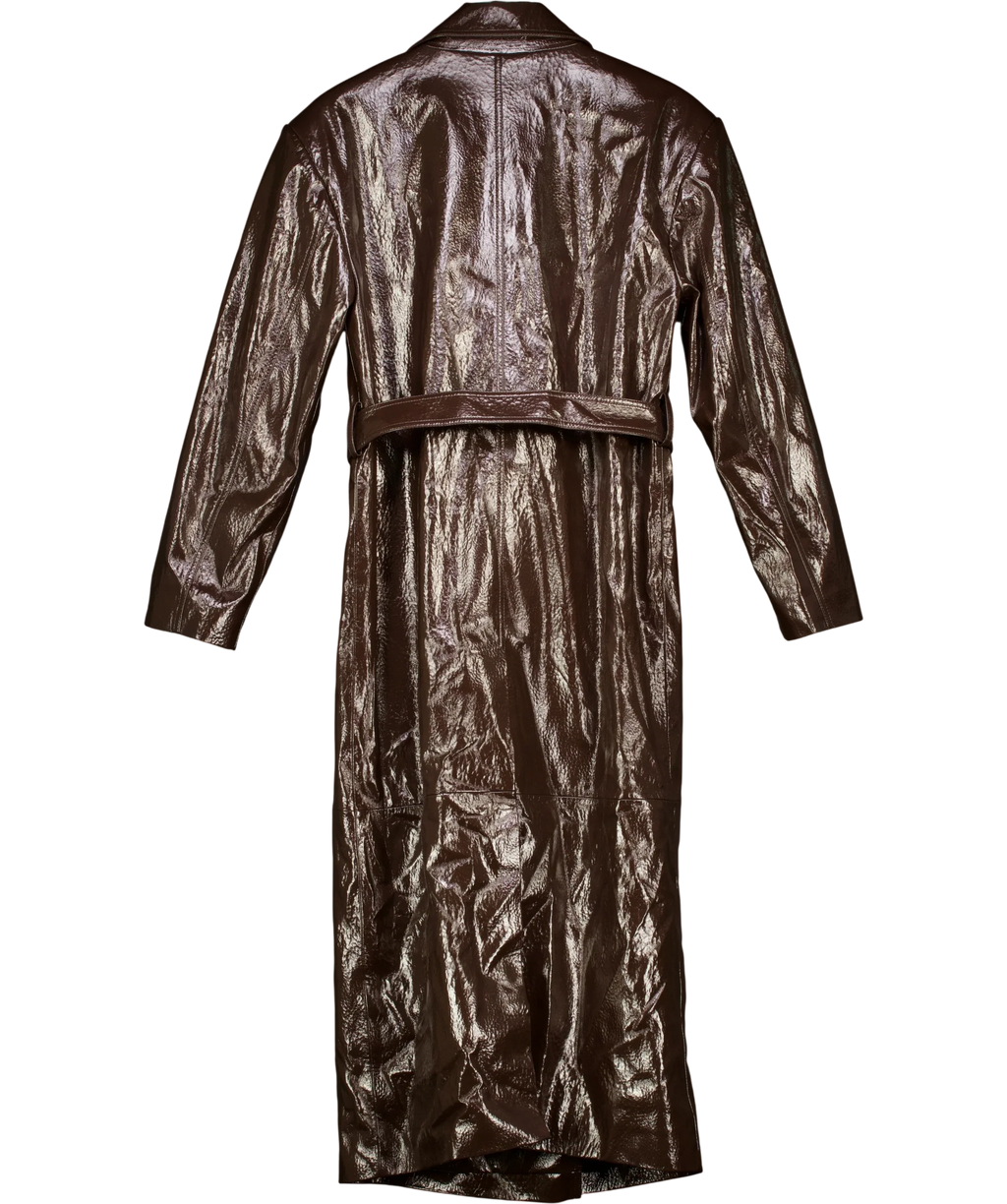 THE FRANKIE SHOP Brown Tina Belted Double-Breasted Faux Textured-Leather Trench Coat, size UK S — back