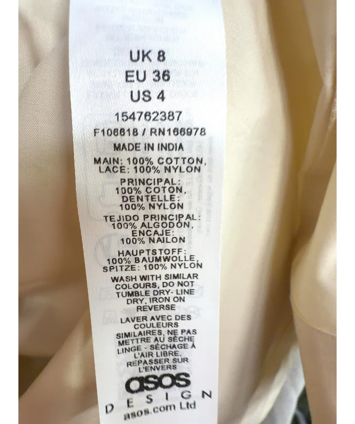ASOS Cream v neck smock poplin mini sundress with lace overlay, size UK 8 — label