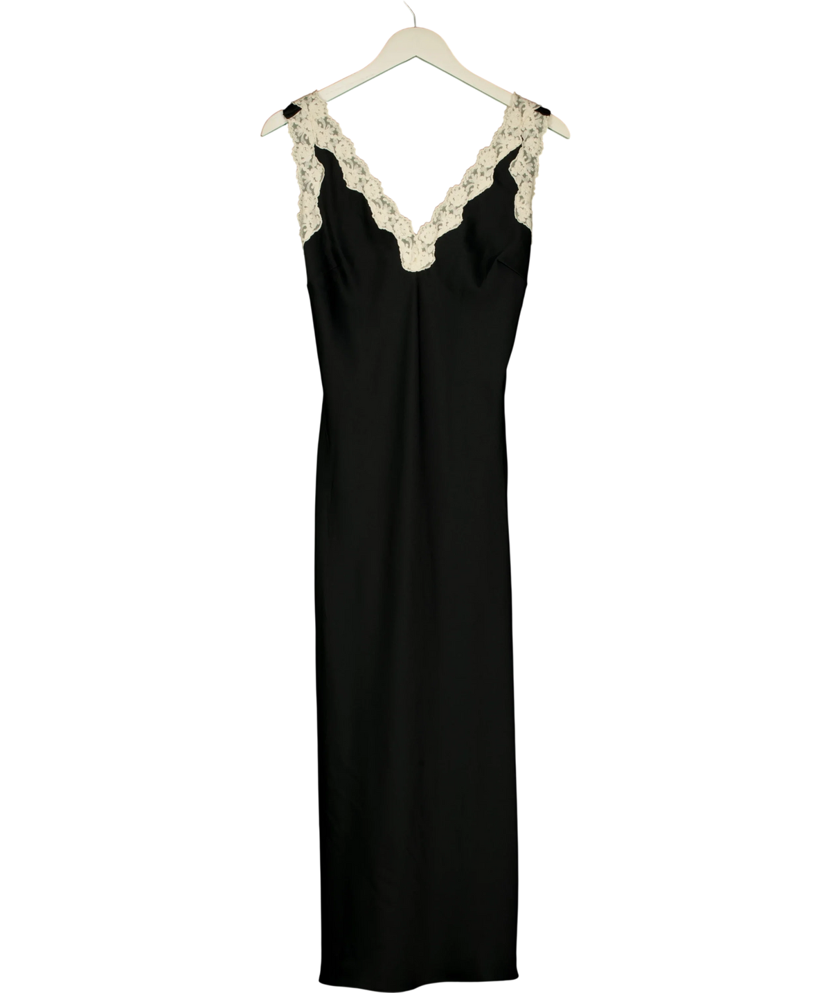 M&S Black Satin V-Neck Lace Insert Midi Slip Dress Black, size UK 8 — front