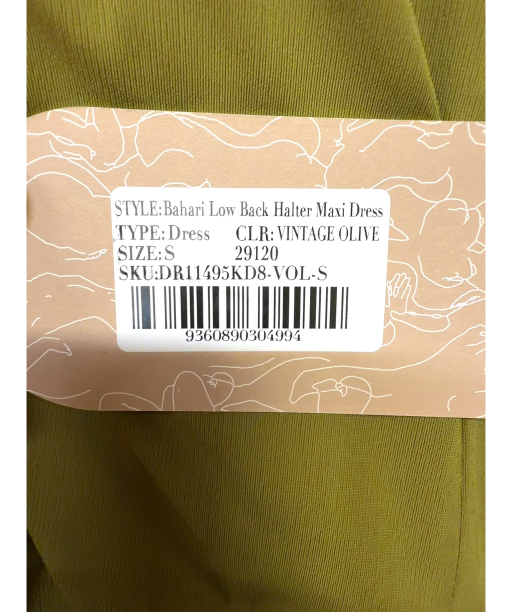 Meshki olive Bahari Low Back Halter Maxi Dress, size UK S — label