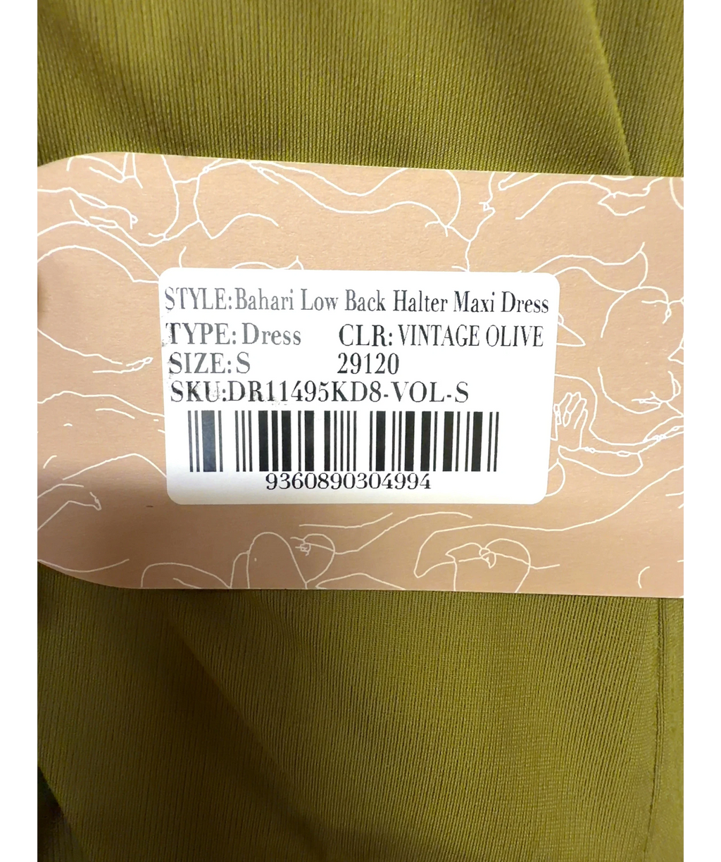 Meshki olive Bahari Low Back Halter Maxi Dress, size UK S — care label