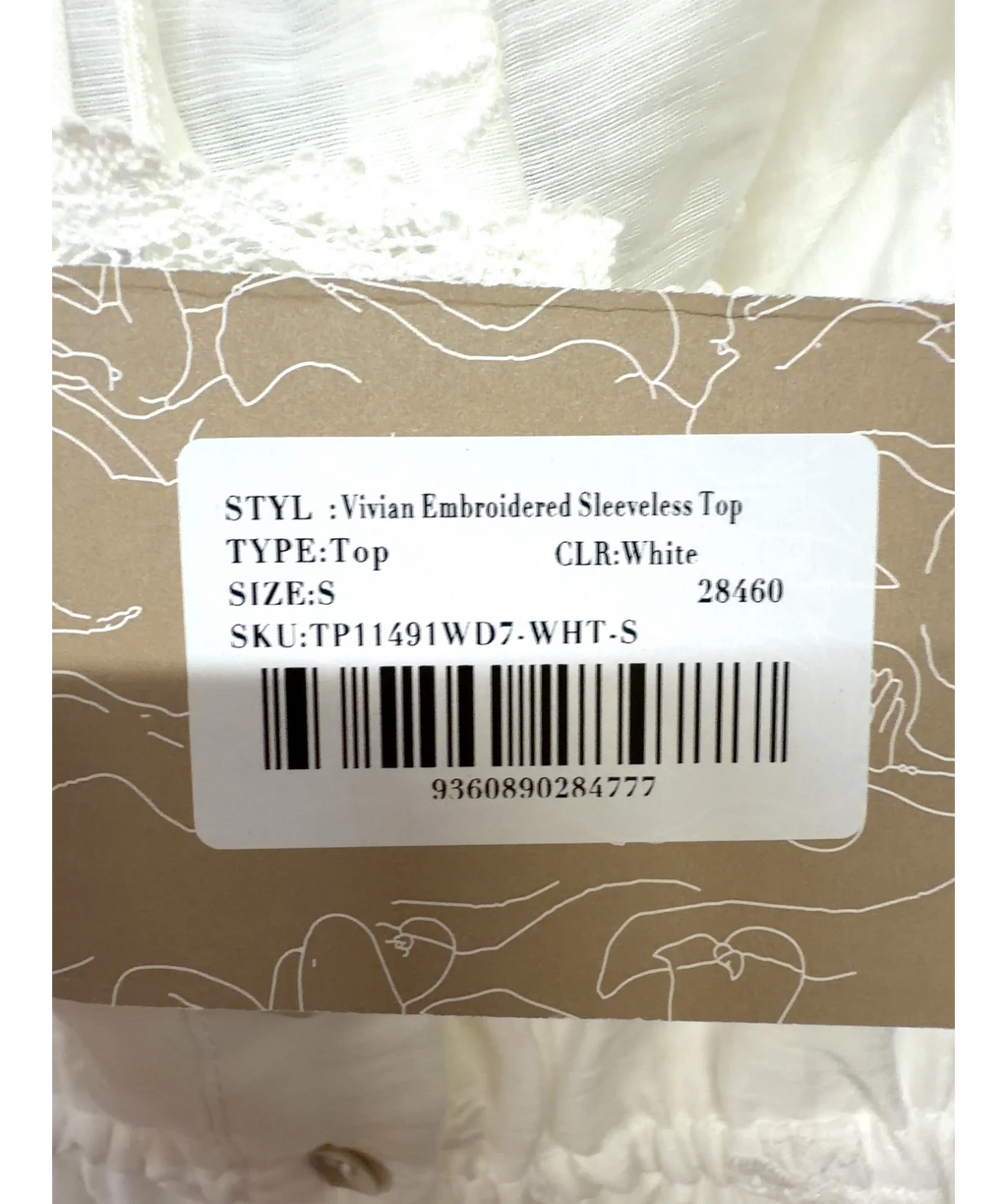 Meshki White Vivian Embroidered Sleeveless Top & Trousers, size UK S — care label