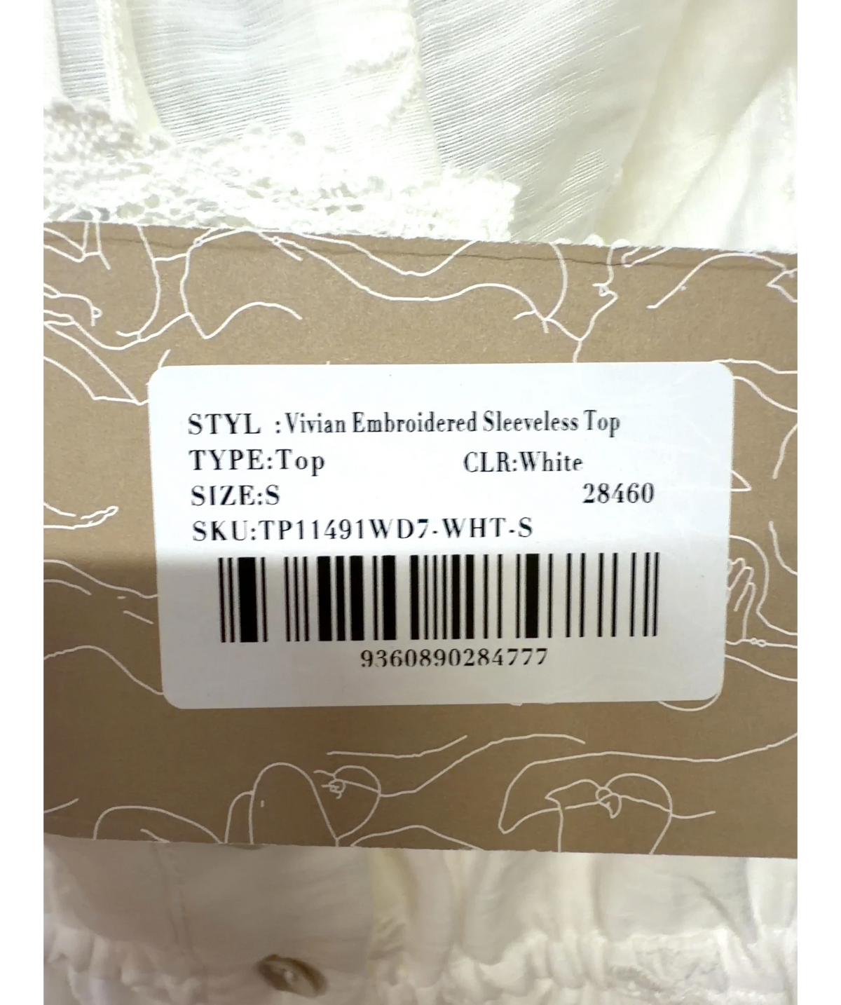 Meshki White Vivian Embroidered Sleeveless Top & Trousers, size UK S — care label