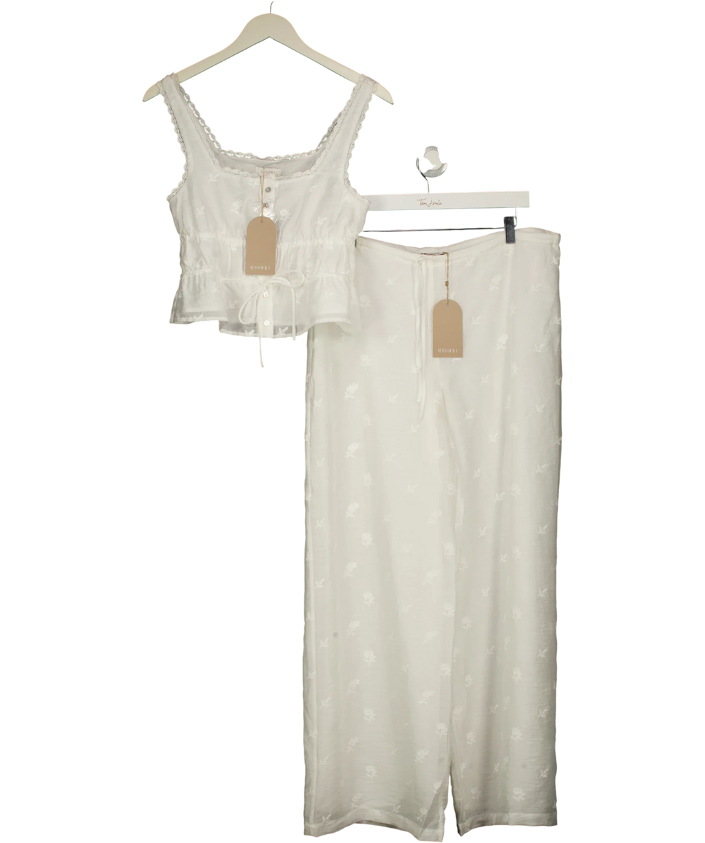 Meshki White Vivian Embroidered Sleeveless Top & Trousers, size UK S — front