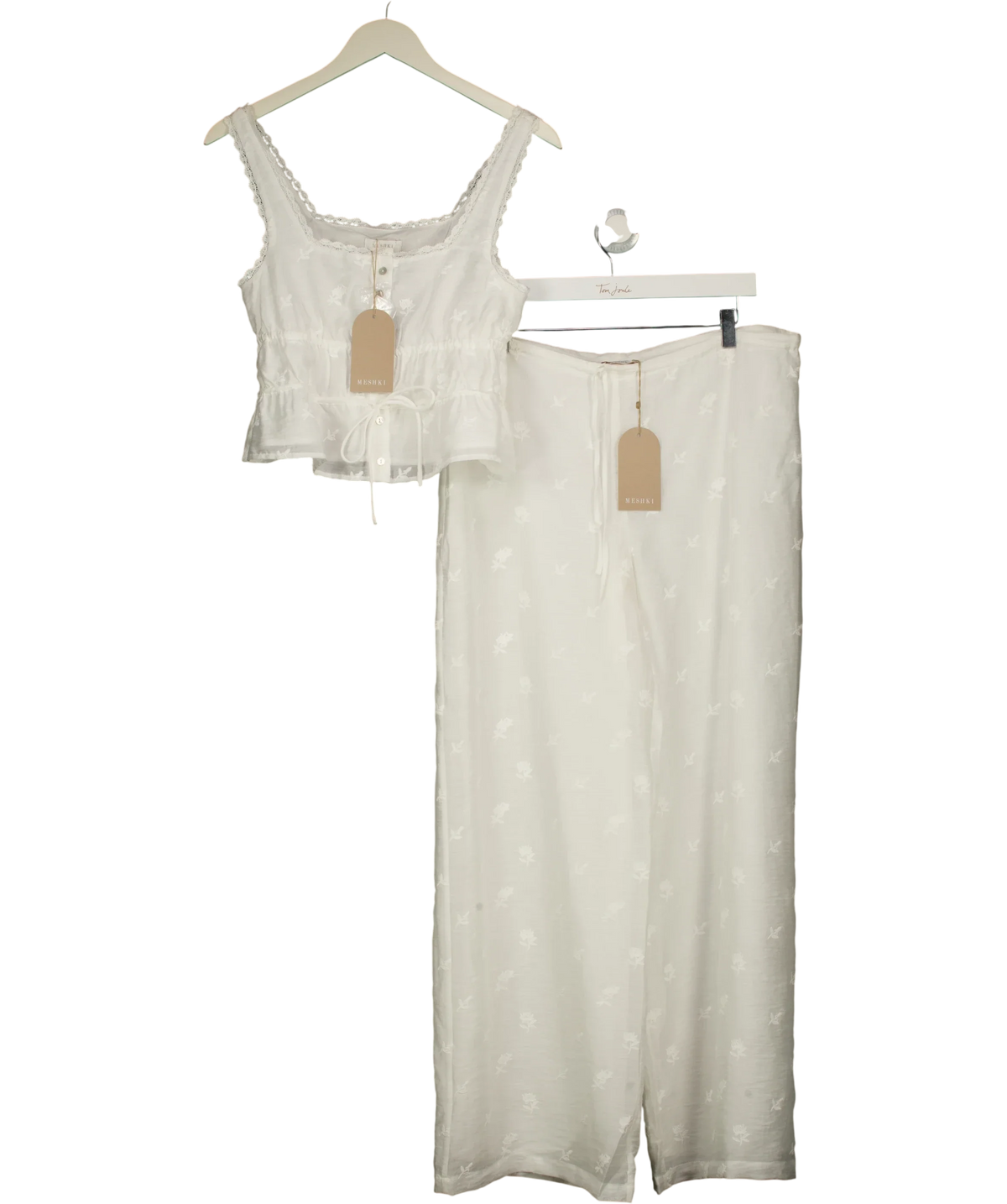 Meshki White Vivian Embroidered Sleeveless Top & Trousers, size UK S — front