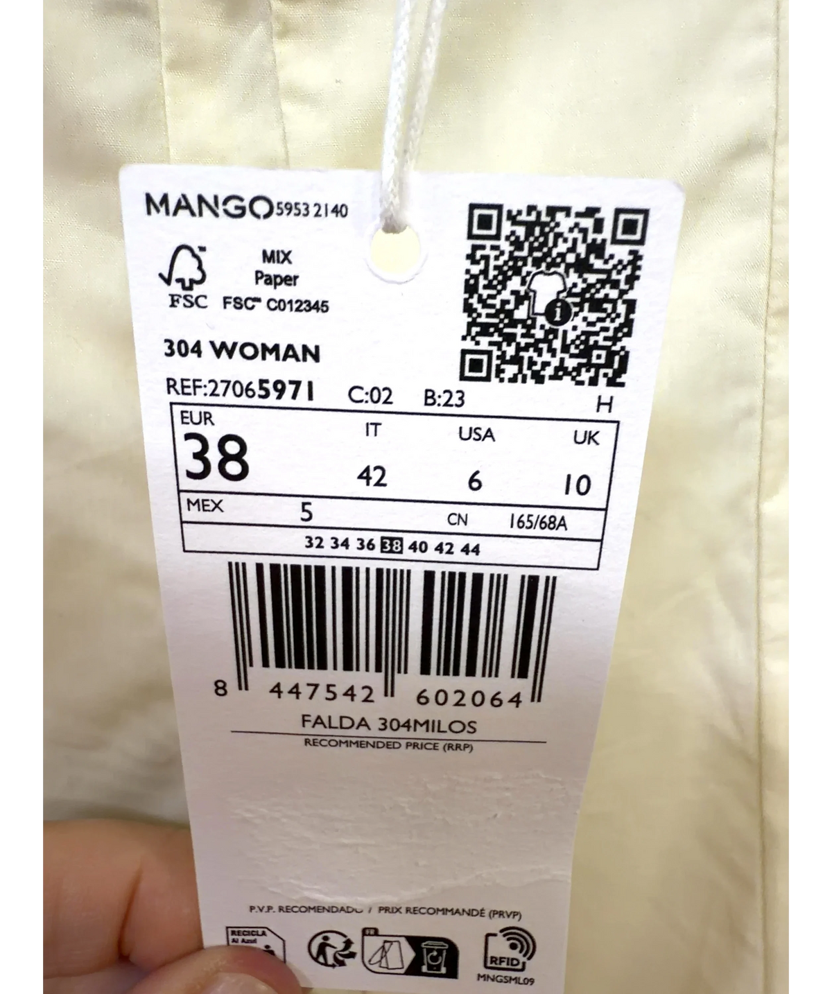 MANGO Cream FALDA 304MILOS, size UK 10 — label