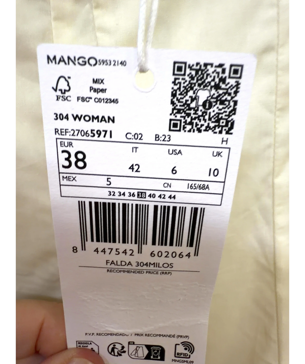 MANGO Cream FALDA 304MILOS, size UK 10 — care label