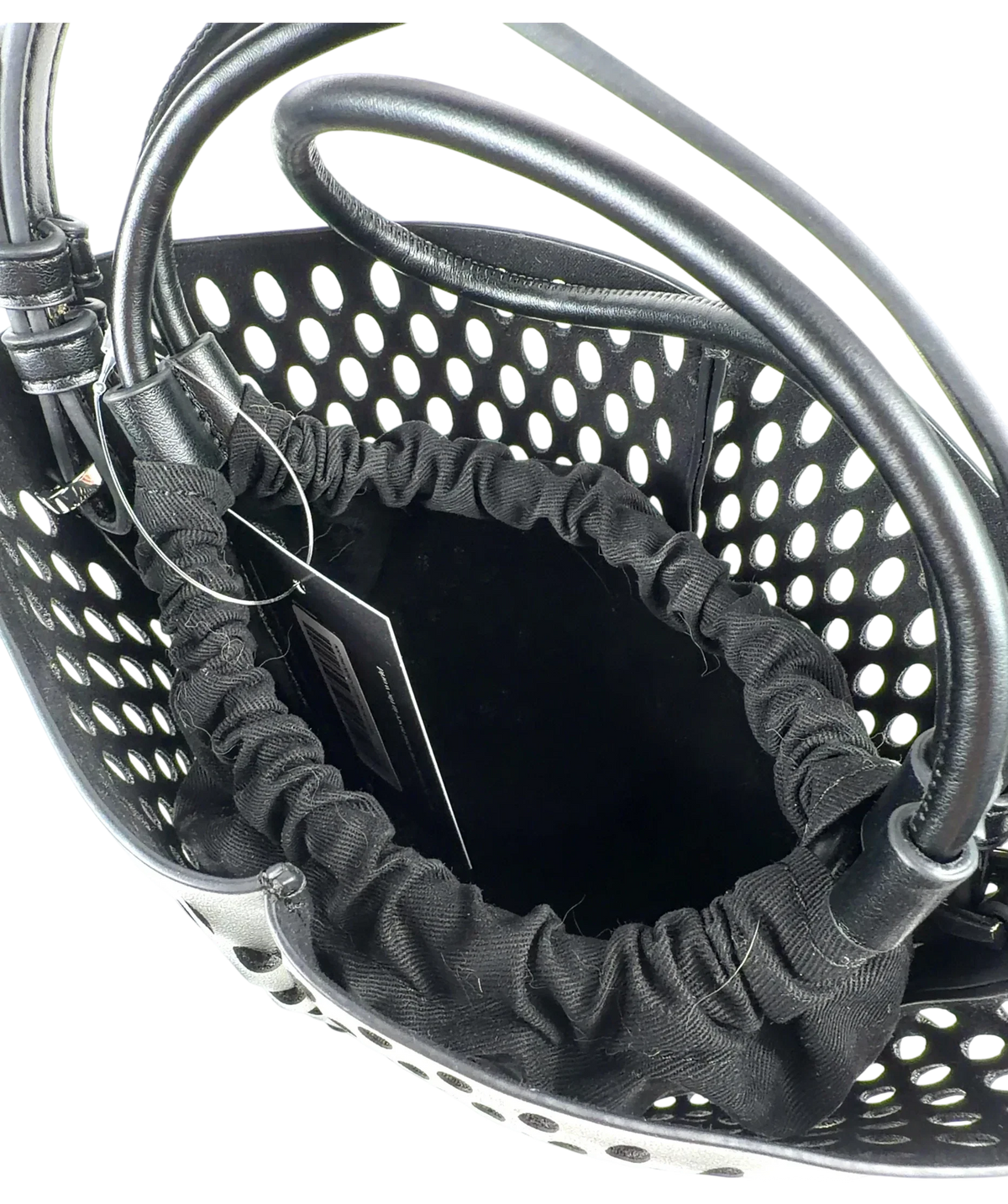 M&S Black Faux Leather Laser Cut Tulip Bucket Bag — detail