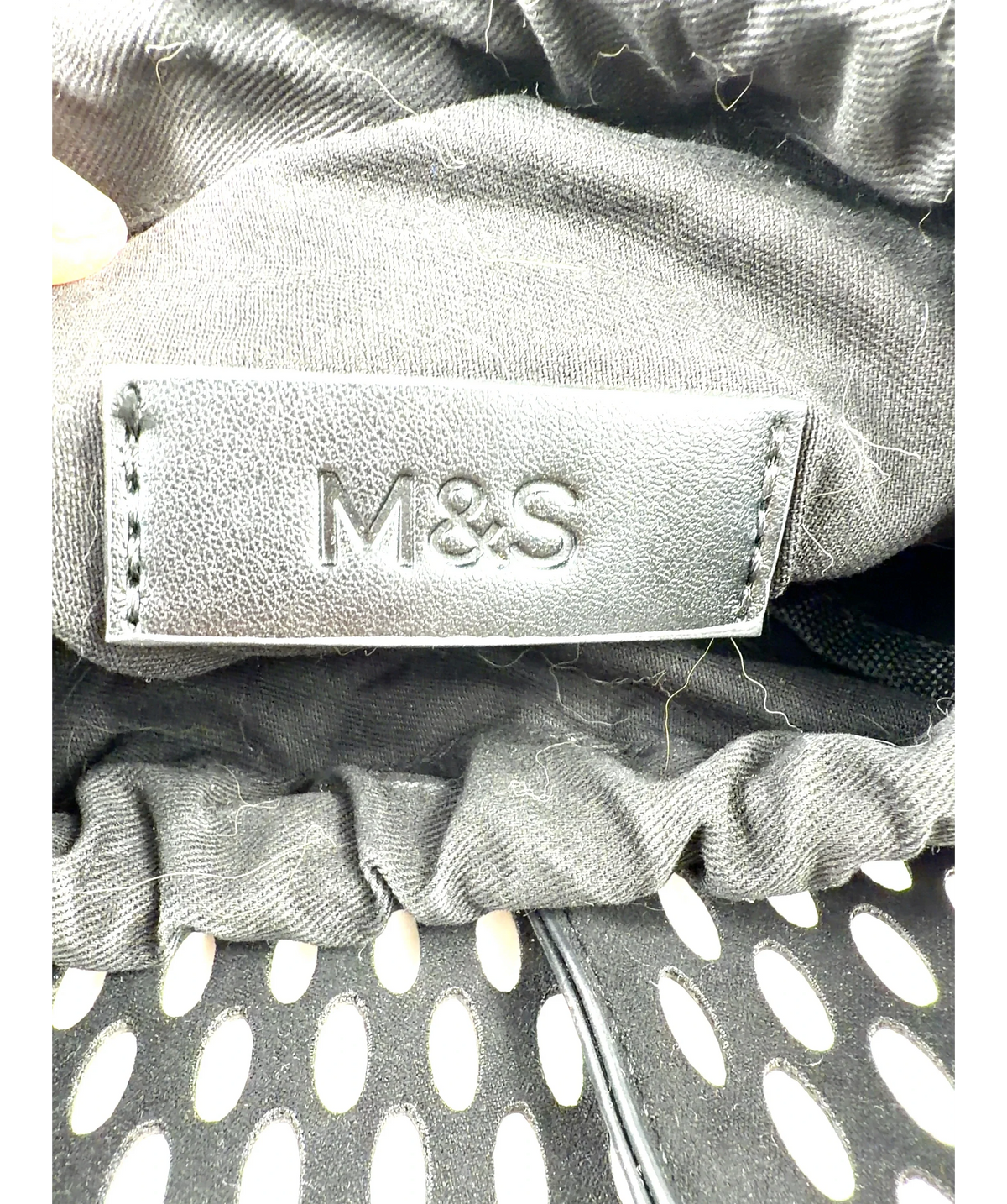 M&S Black Faux Leather Laser Cut Tulip Bucket Bag — label