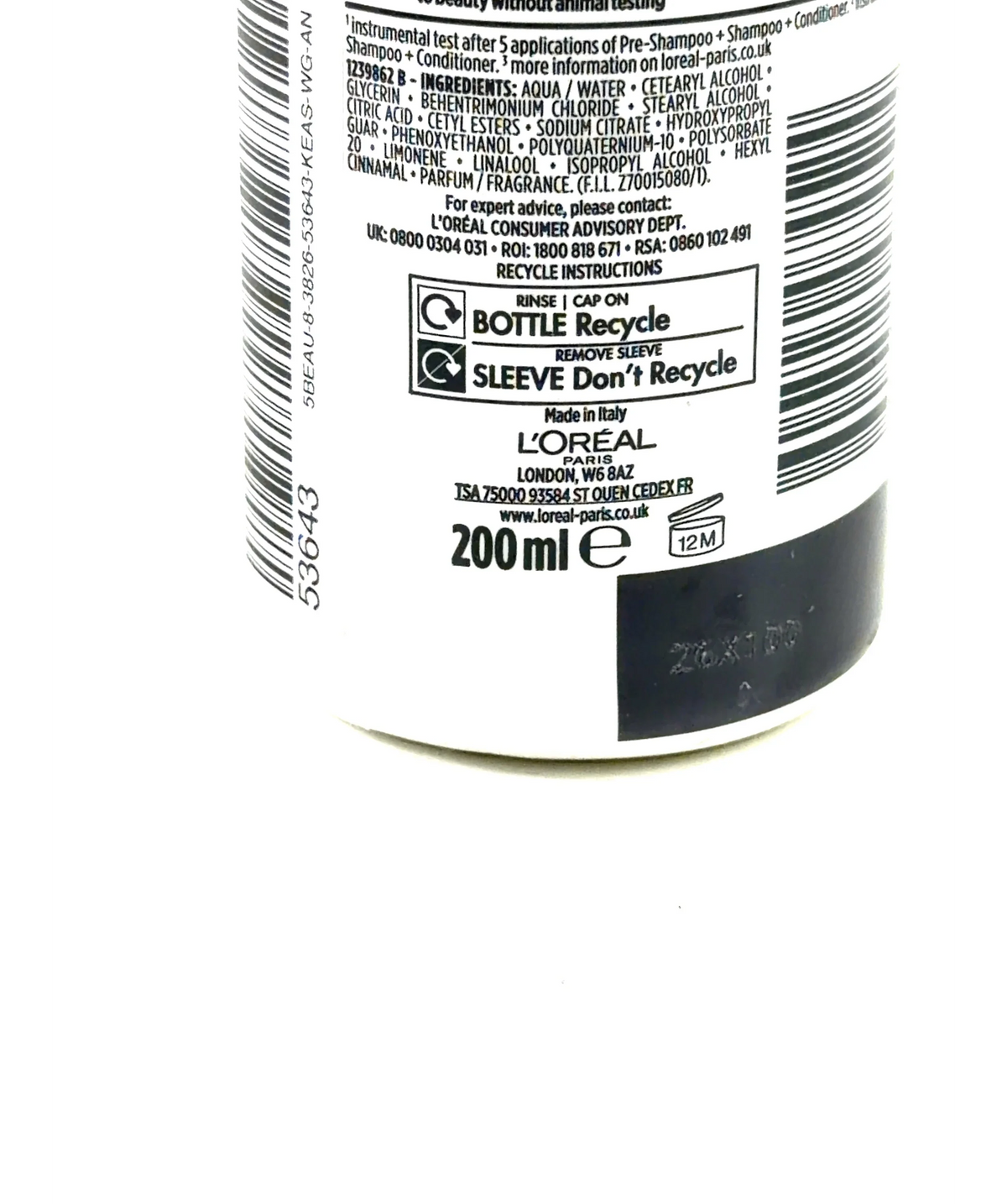 L'Oréal Elvive Elvive Bond Repair Pre-Shampoo Treatment, size 200ml — care label
