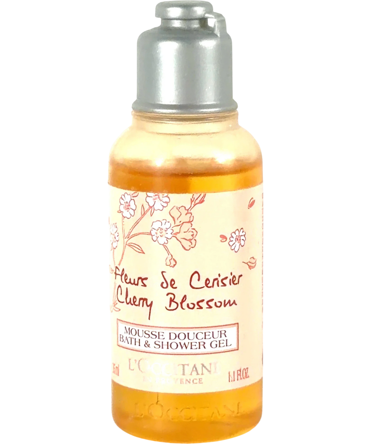 Loccitane Fleurs see creosote cherry blossom bath and shower gel, size 35ml — front