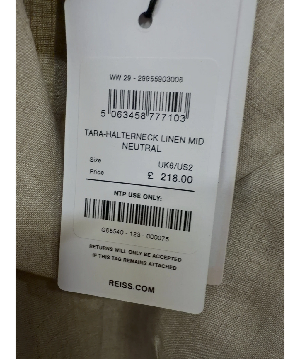 REISS Beige Tara Halterneck Linen Midi Dress, size UK 6 — label