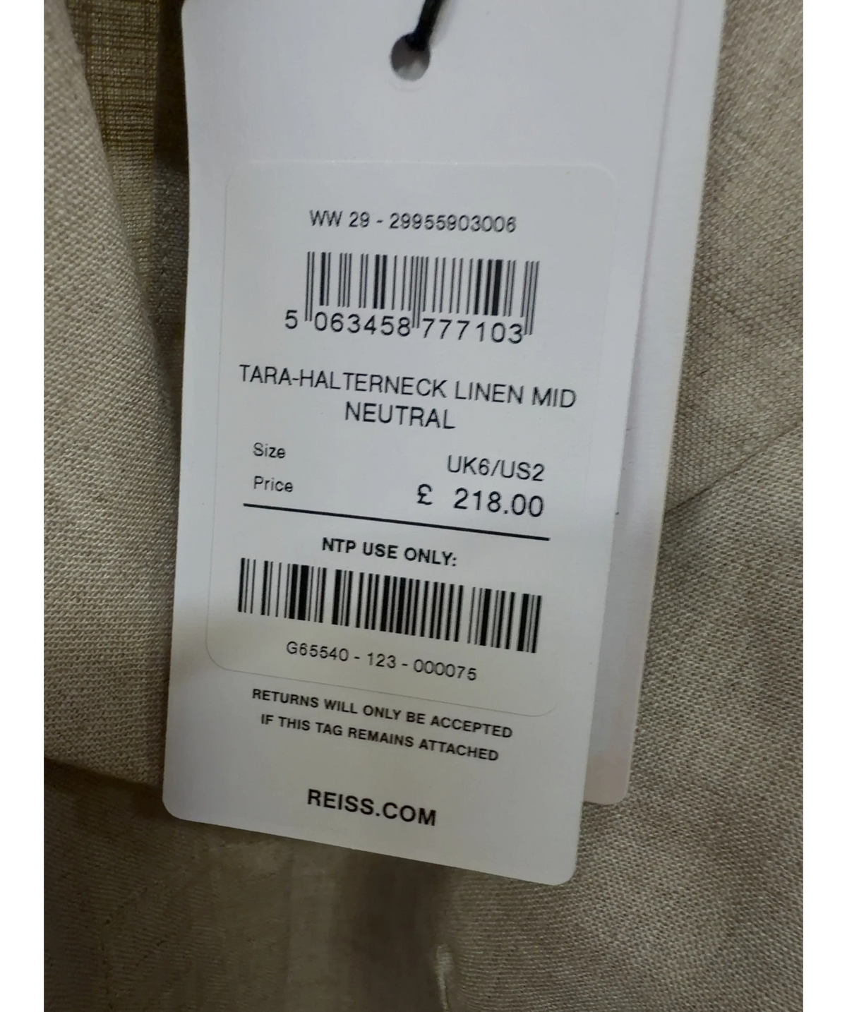 REISS Beige Tara Halterneck Linen Midi Dress, size UK 6 — label