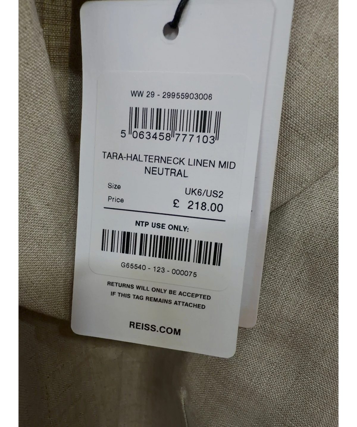REISS Beige Tara Halterneck Linen Midi Dress, size UK 6 — care label