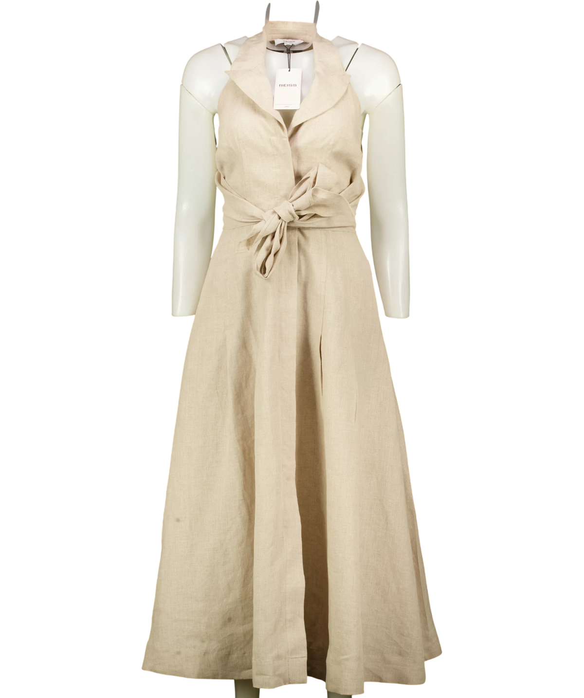 REISS Beige Tara Halterneck Linen Midi Dress, size UK 6 — front