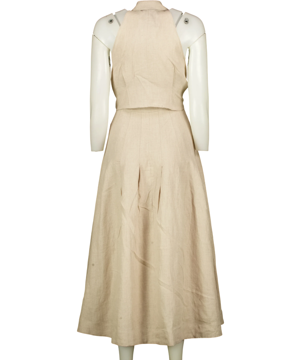 REISS Beige Tara Halterneck Linen Midi Dress, size UK 6 — back
