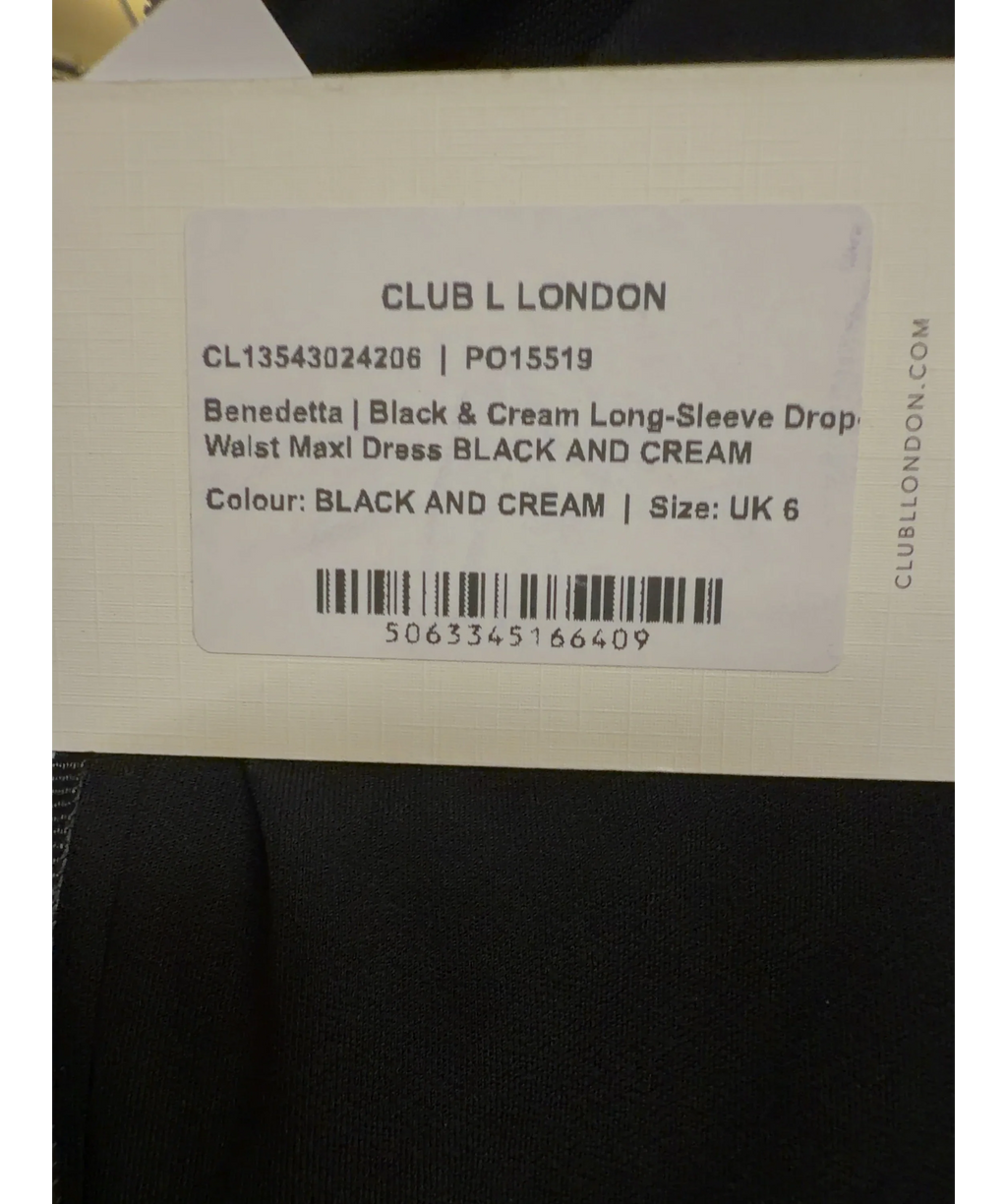 Club L Black Benedetta long-sleeve drop-waist maxi dress, size UK 6 — label