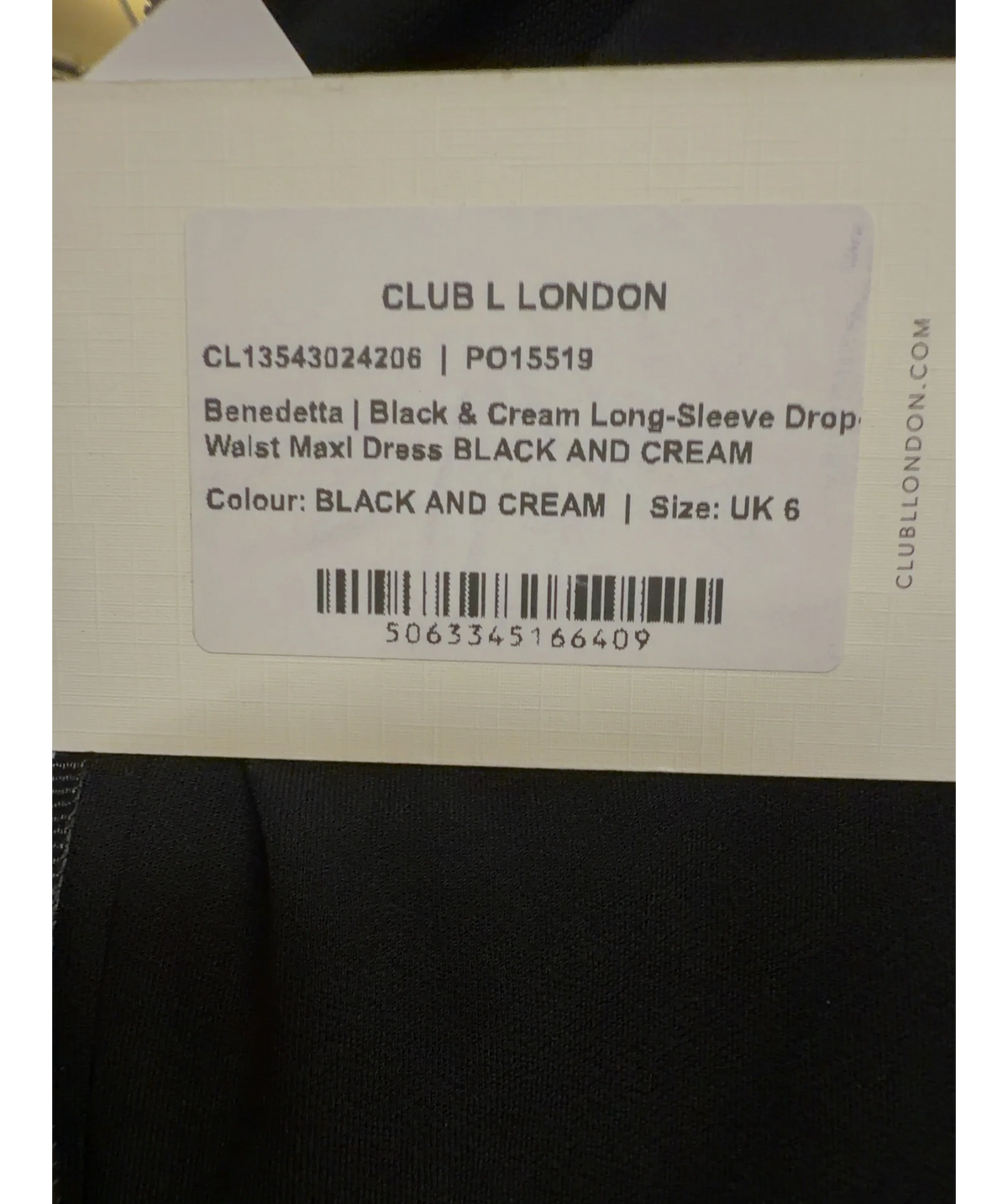 Club L Black Benedetta long-sleeve drop-waist maxi dress, size UK 6 — label