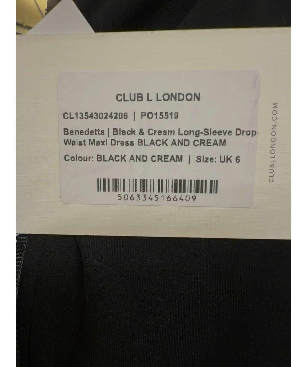 Club L Black Benedetta long-sleeve drop-waist maxi dress, size UK 6 — care label